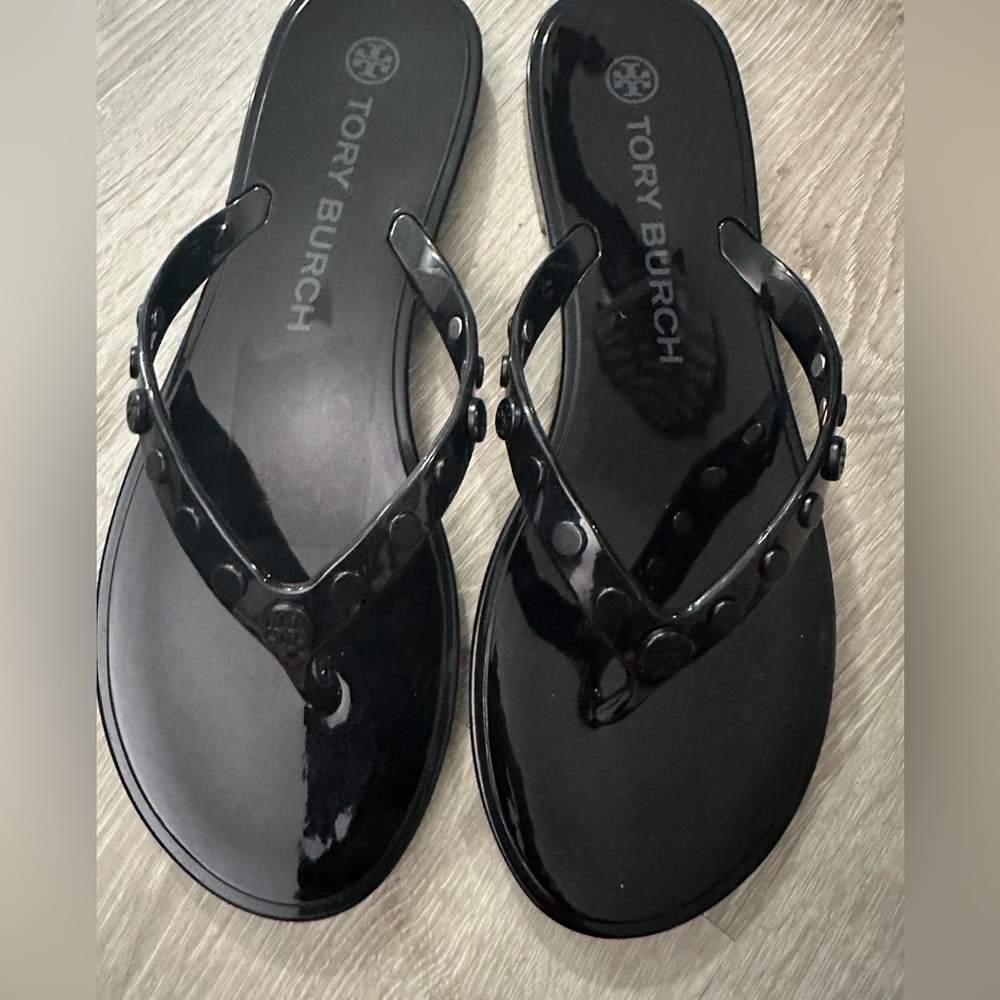 TORY BURCH Studded Jelly Flip Flop Sandal PERFECT BLACK size 8 NEW